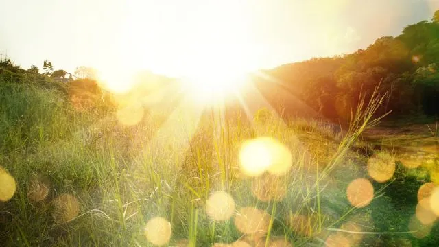 Beautiful sunrise in the mountain.Meadow landscape refreshment with sunray and golden bokeh.